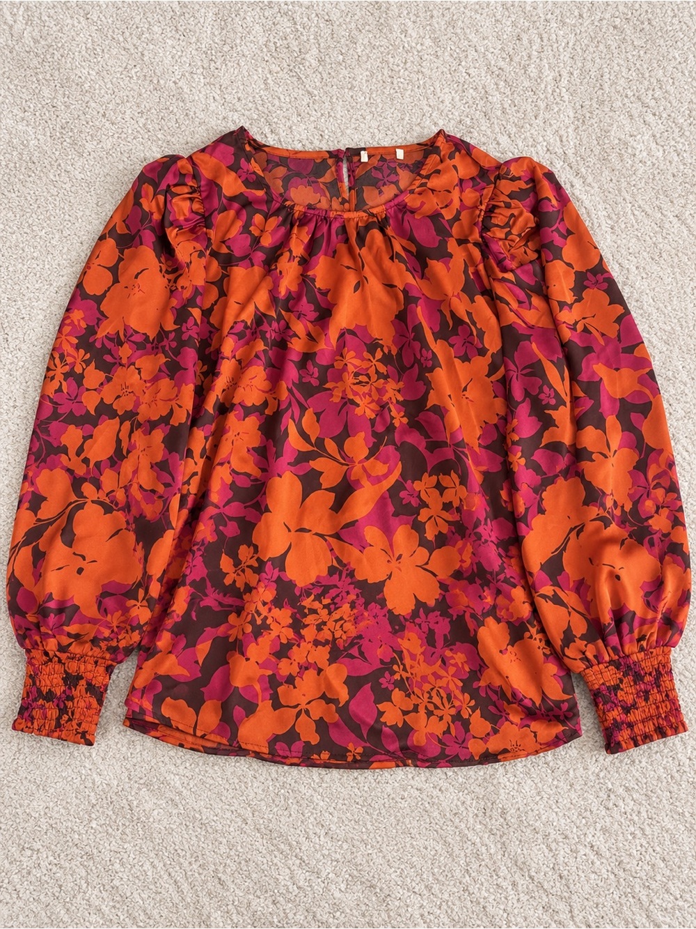 Floral Long-Sleeve Blouse in Orange & Magenta
